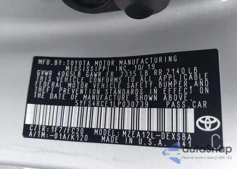 2020 Toyota Corolla Se z USA, uszkodzony, nr VIN 5YFS4RCE1LP030739